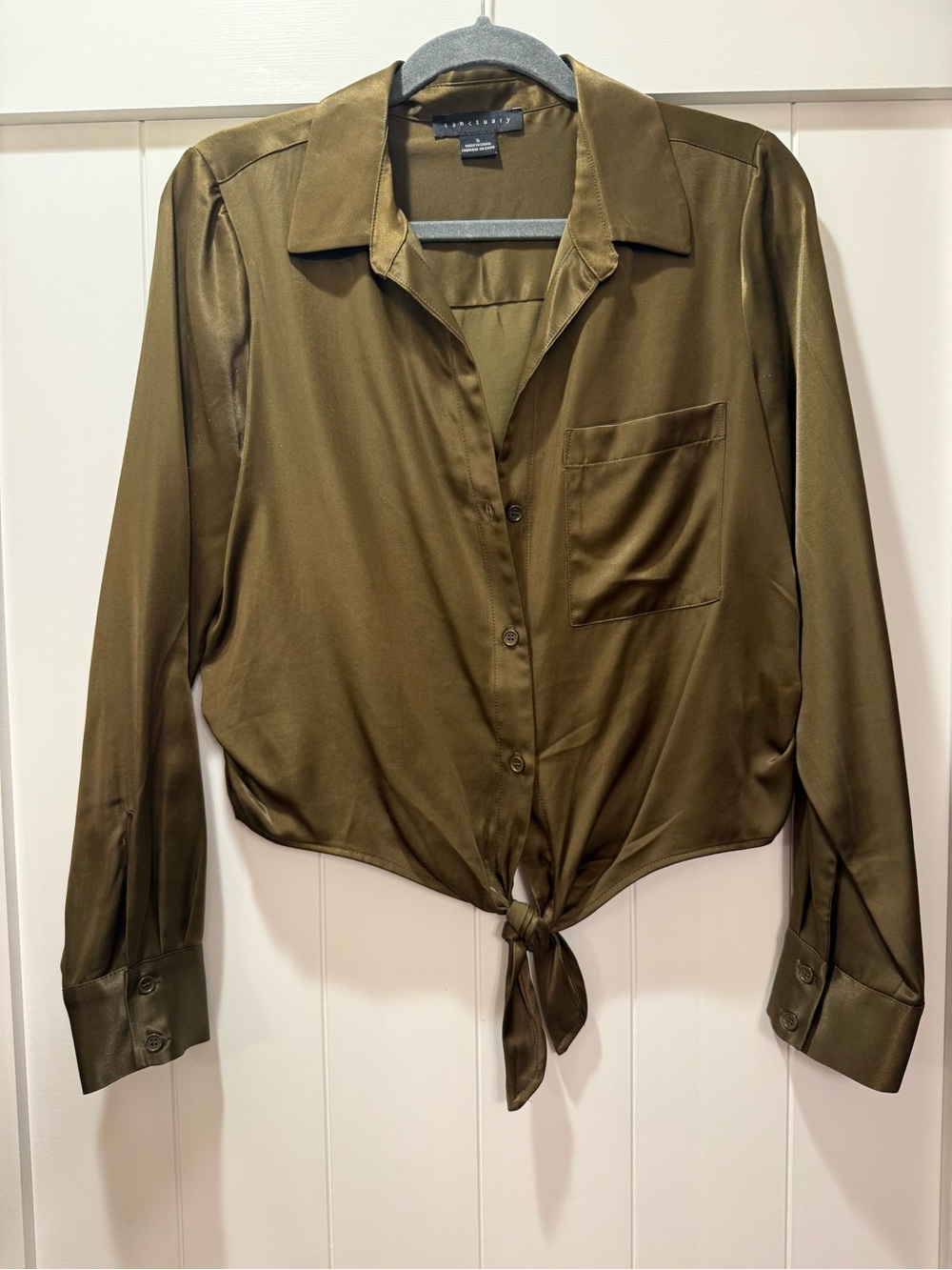 Sanctuary Olive Satin Tie-Front button down Blouse